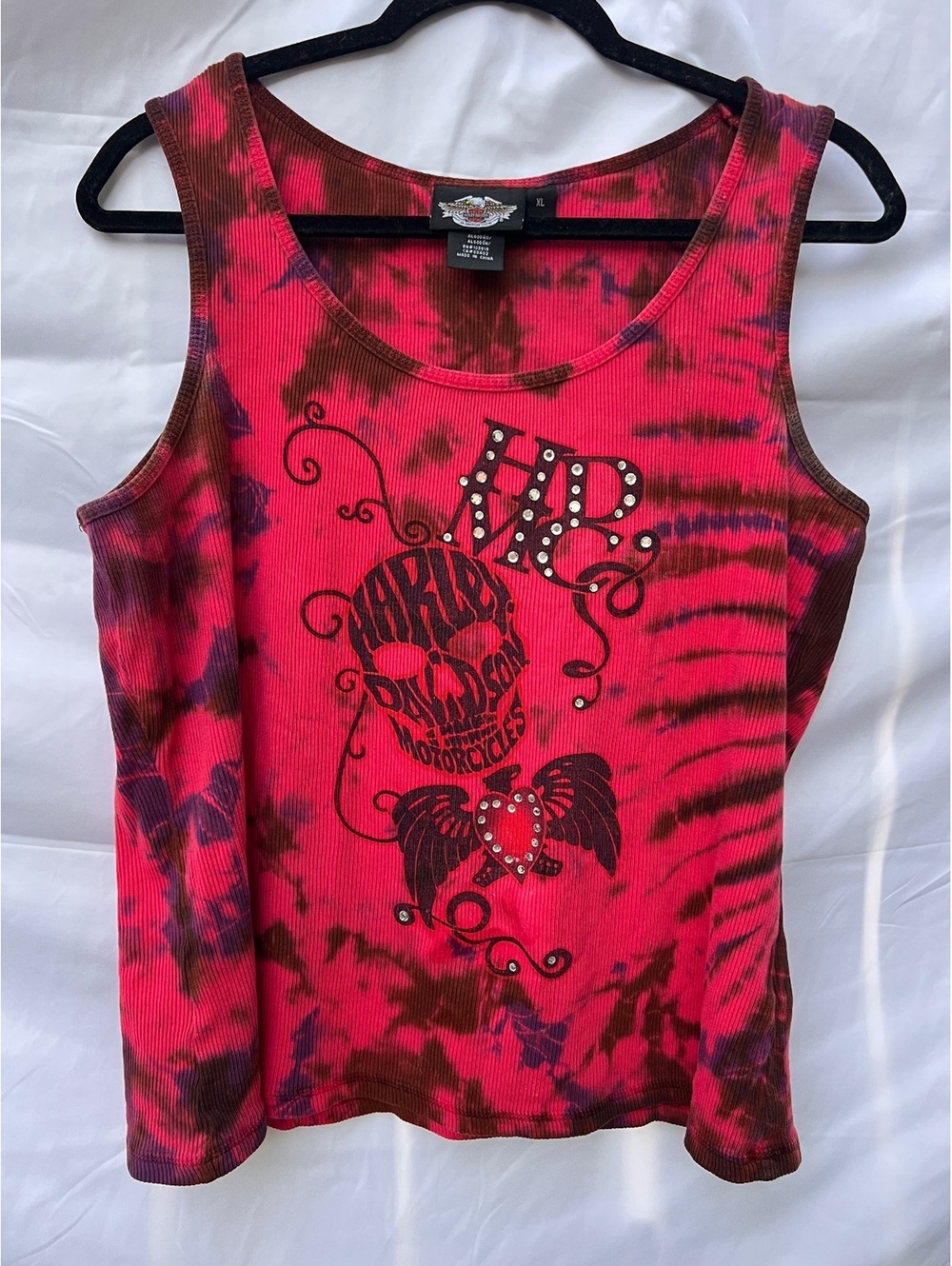 Harley-Davidson Women’s XL Pink Tie Dye Rhinestone Skull Tank Top Y2K Biker